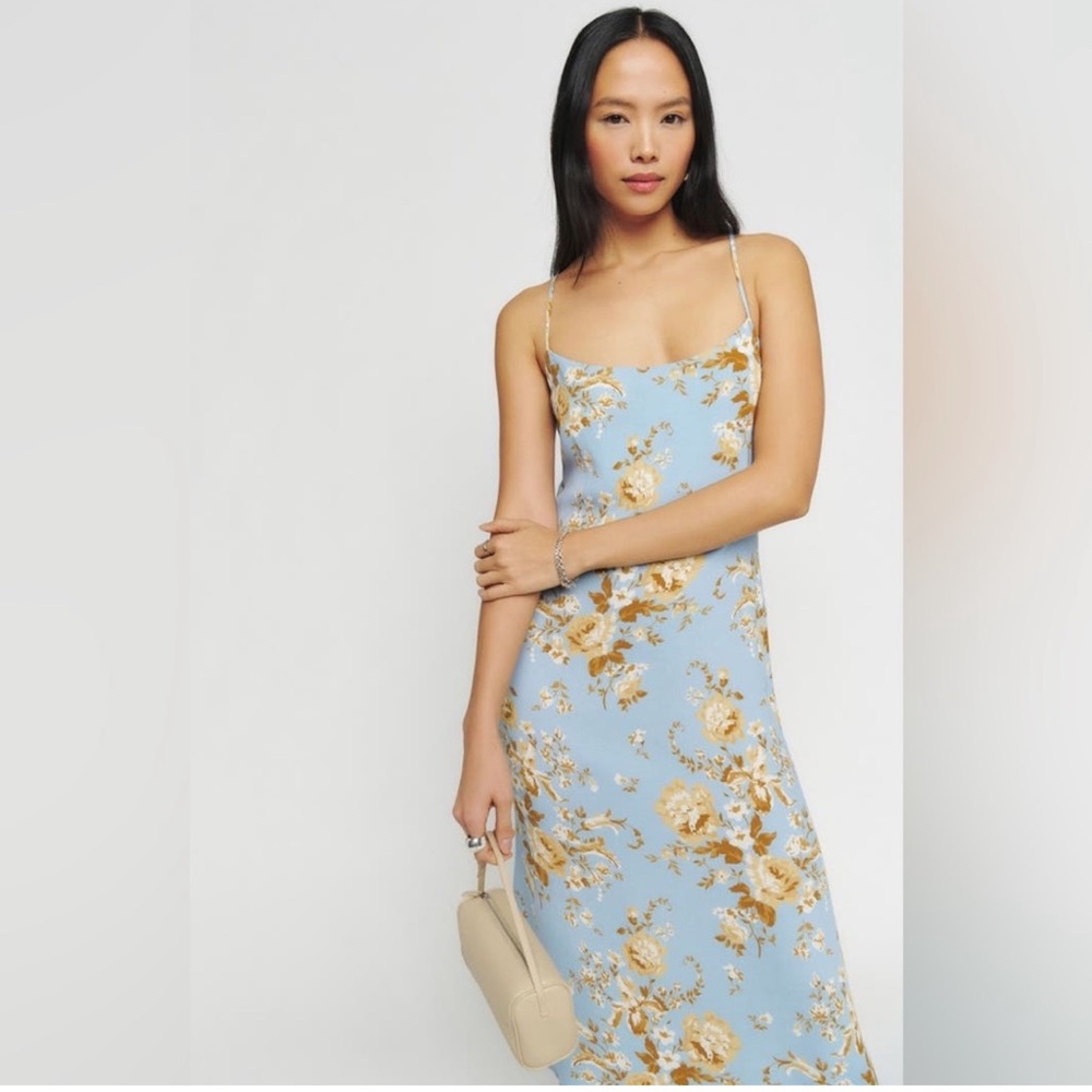 Reformation Dover Floral Print Midi Slip Dress in Heavenly Blue Size 8